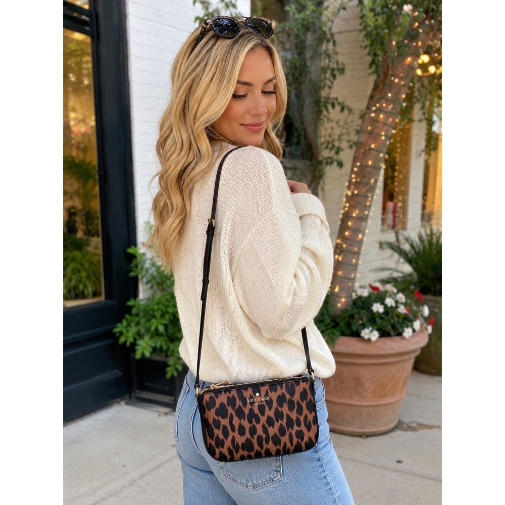 Kate Spade Schuyler Small Crossbody Leopard Print Bag Brown Black Saffiano - Picture 2 of 13